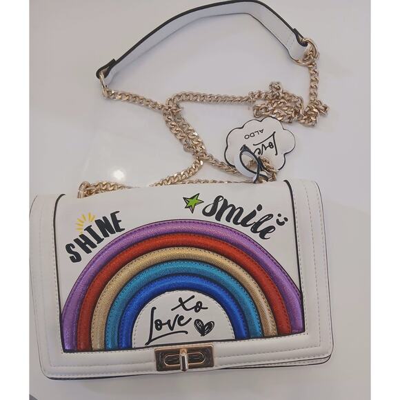 Aldo Handbags - ALDO Rainbow Crossbody Bag White Gold Chain Shine Smile Love Purse